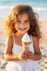 Happy Smiling Little Girl Eating Ice Cream on the Beach