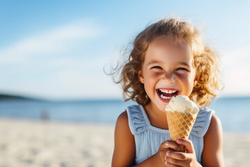 Happy Smiling Little Girl Eating Ice Cream on the Beach
