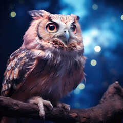 A wise owl with piercing eyes and silent wings against a pastel night sky background.