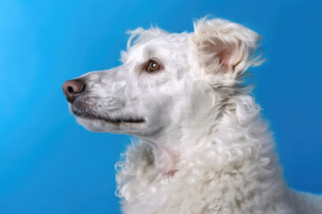 "A portrait of an intelligent Poodle with a curly cream coat against a solid sky blue backdrop."