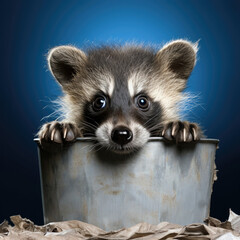 A mischievous raccoon with nimble paws and masked eyes peeks from a trash can against an urban pastel background, conveying curiosity and cleverness.