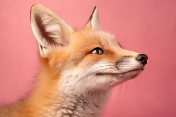 Charming image of a red fox with a knowing gaze against a soft pink background.