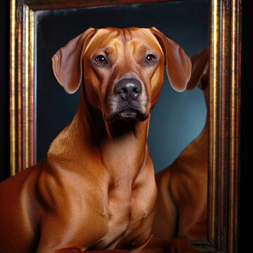 A Rhodesian Ridgeback gazes at its reflection in a studio with a copper pastel backdrop, conveying self-awareness and intelligence.