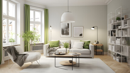 Fototapeta premium Interior design green living room, Scandinavian,modern home 