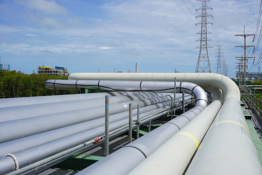Pipeline on pipe rack in oil and gas project at construction site