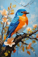 Blue Orange Bird Sitting on Spring Branch Acrylic Painting. AI generative. Canvas Texture, Brush Strokes.