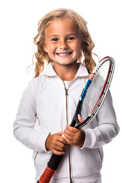 little girl tennis player using jersey uniform holding tenis racket, isolated on a white background, transparent png