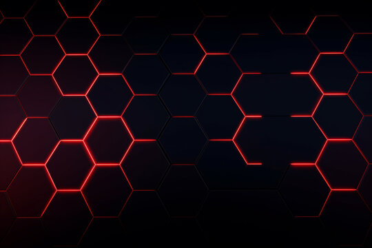 Red hexagon on a black background, technological hexagonal background, Generative AI