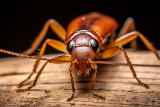 A close-up of a cockroach on a piece of wood, a macro image of a cockroach, Generative AI