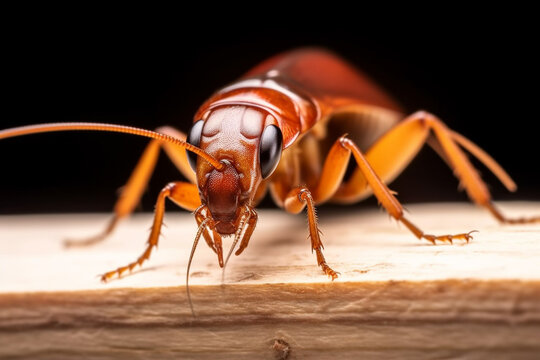A close-up of a cockroach on a piece of wood, a macro image of a cockroach, Generative AI