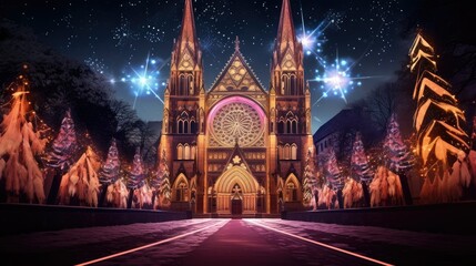 Fototapeta na wymiar majestic cathedral decorated for the season as a background to commemorating Christmas