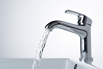 Faucet and water flow on white background