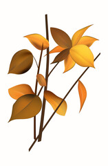 Fall foliage 3d. Autumn branch with leaves. Orange shrub tropical plant. Dry leaf, element for herbarium or floristry. Seasonal, natural, organic. Autumn decorative element. Vector 3d illustration.