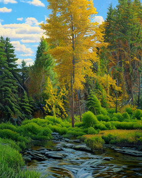 Stream autumn forest in the morning