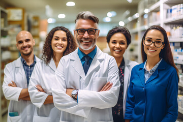 Group of pharmacists standing together and looking at the camera in a chemist. Group of healthcare professionals working in a pharmacy.