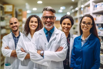 Fotobehang Group of pharmacists standing together and looking at the camera in a chemist. Group of healthcare professionals working in a pharmacy. © AspctStyle