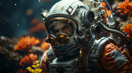 The face of a male scuba diver in a mask and diving suit scuba diving underwater. Close view. non-existent person. AI generated
