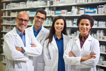 Group of pharmacists standing together and looking at the camera in a chemist. Group of healthcare professionals working in a pharmacy.