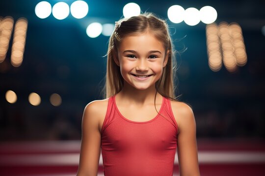 sport, fitness, technology and people concept - smiling sporty girl in red top over gym lights background