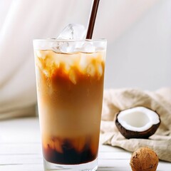Iced coffee with coconut milk in a tall glass on white wooden table