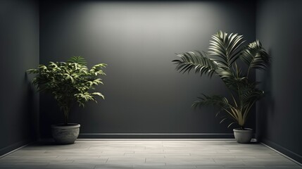 Dark wall empty room with plants.