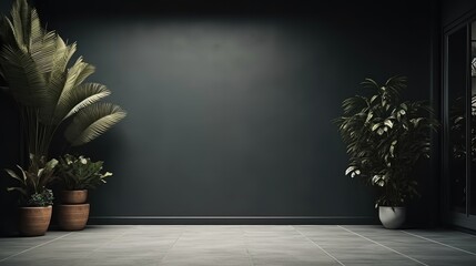 Modern interior design of empty living room and dark wall with plants.
