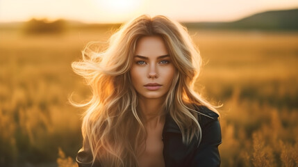 Portrait of pretty curly blonde woman standing in field at sunset. Happy smiling beautiful woman standing in summer sunlight dry grassland