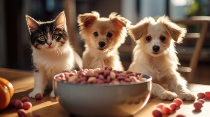 Dog and cat are eating natural organic food from a bowl.