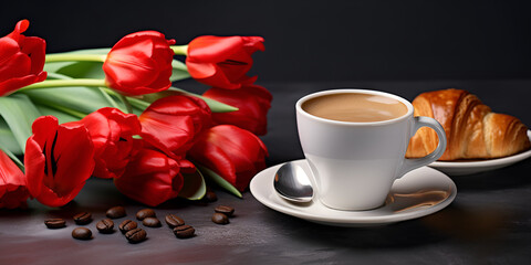 cup of coffee and rose, Beautiful spring tulip flowers and a cup of coffee on rustic 