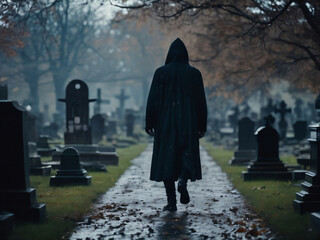 Silouette of a Person Walking on Wet Path in a Creepy Cemetery in the Fall
