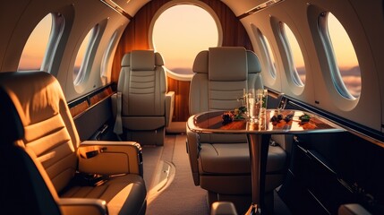 Private Jet Interior, Featuring high-end furniture and technology.