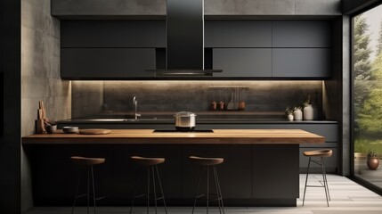 Modern kitchen featuring a sleek black color scheme at contemporary house.