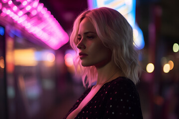 Side view of a short haired blonde woman standing on an urban street illuminated by bright neon signs