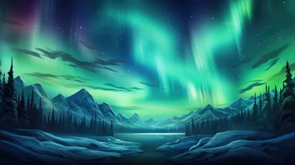 Fototapeten ethereal northern lights dancing over a frozen landscape as a background to commemorating Christmas © For