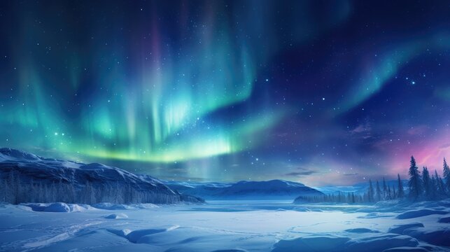 ethereal northern lights dancing over a frozen landscape as a background to commemorating Christmas