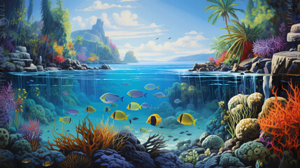 An idyllic lagoon teeming with colorful fish - obrazy, fototapety, plakaty