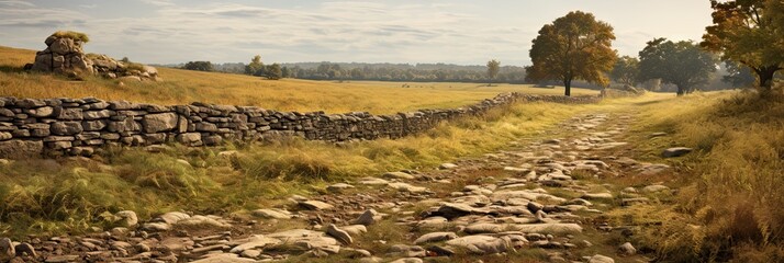 Cobblestone wall and walking path in a grassy field