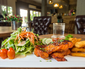 chicken steak and sausage with side dish