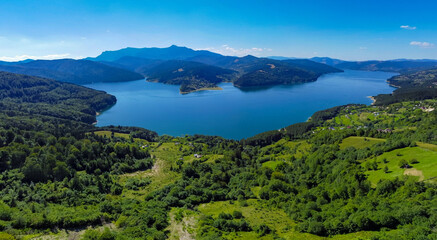 Aerial view of Izvorul Muntelui Bicaz lake in Romania. It is a reservoir with a hydroelectric plant