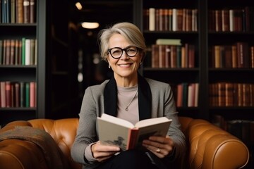 Smiling mature woman in eyeglasses reading a book in library - obrazy, fototapety, plakaty