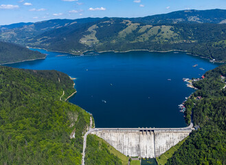 Landscape of the reservoir Izvorul Muntelui - Bicaz lake in Romania seen from above