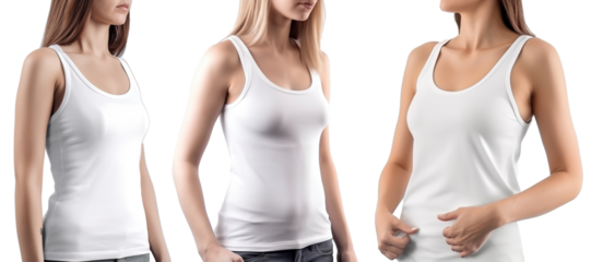 Woman wearing white tank top shirt. blank tank top shirt for design mock up isolated on transparent background.