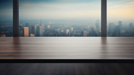 Empty black table top counter desk background with and blurred city