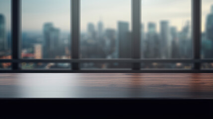 Naklejka premium Empty black table top counter desk background with and blurred city