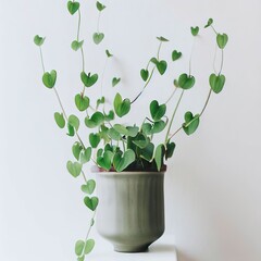 Ceropegia woodii also called String of Hearts or Chain of Hearts, modern house plant in a flowerpot against white wall, vertical