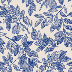 Seamless floral pattern with leaves. Cocoa plant branches. Blue - 634545184
