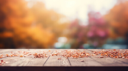 Naklejka na ściany i meble Wooden table top with blur background of autumn