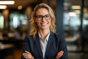 Portrait of young successful professional business woman. Happy confident positive female looking at camera while standing with crossed hands against blurred glass walled illuminated office