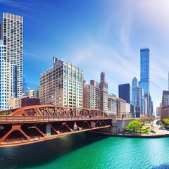 Panoramic view of chicago downtown bridge and buiding, usa