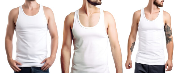 Man wearing white tank top shirt. blank tank top shirt for design mock up isolated on transparent background.